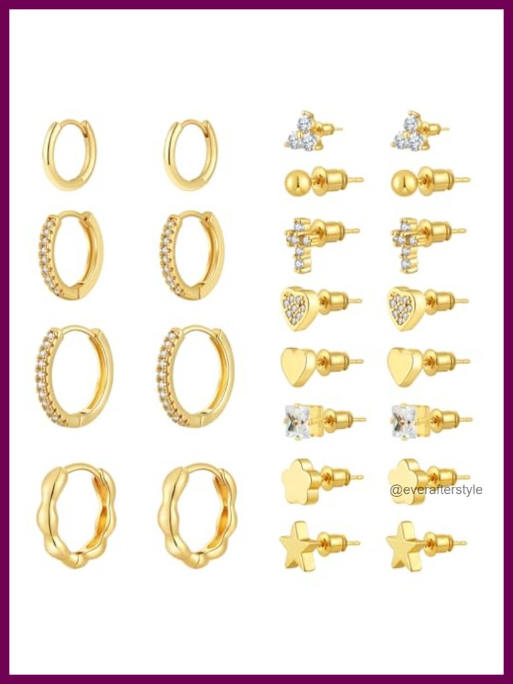 14K Gold Plated Brass Hoop Earrings Set 12 Pairs Lightweight Hypoallergenic